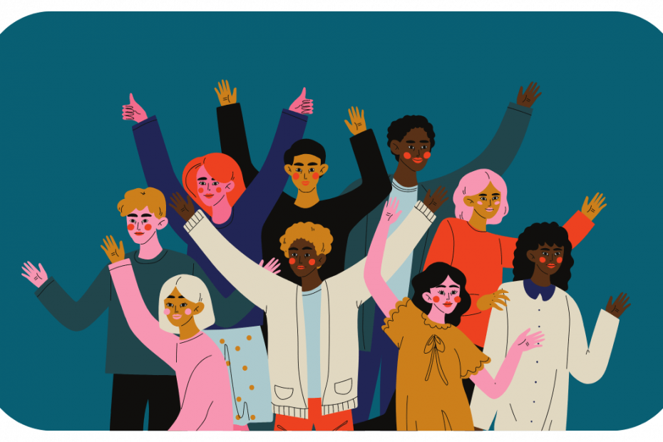 Illustration of people of different genders and skin colors with raised fists